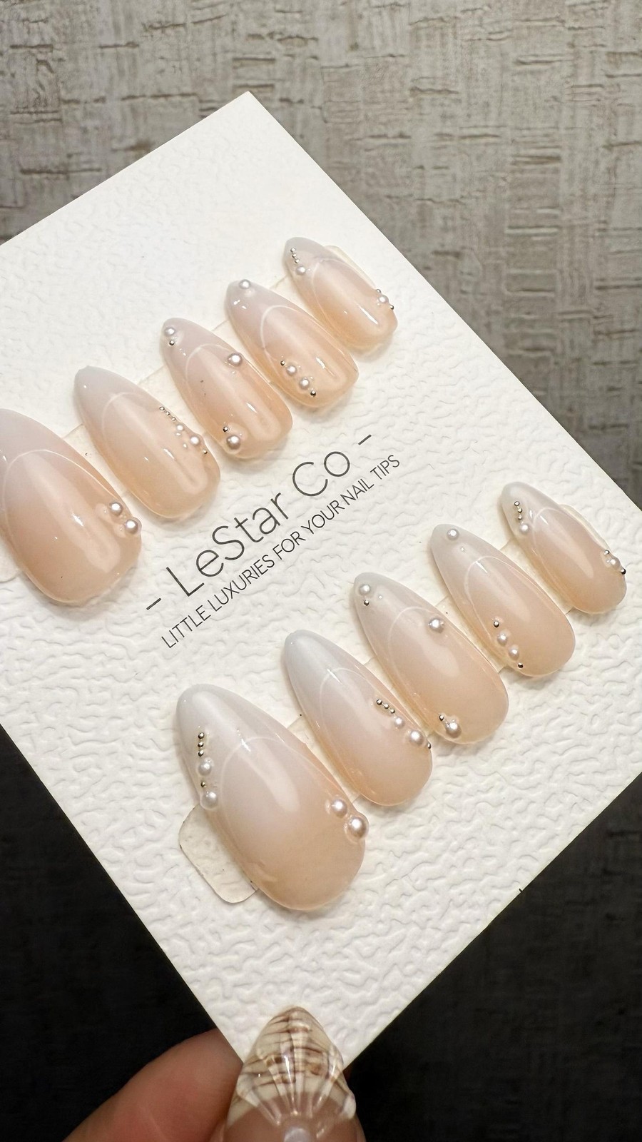 Handmade Sheer Nude White Line Pearl Bead Long Almond Press on Nails Set