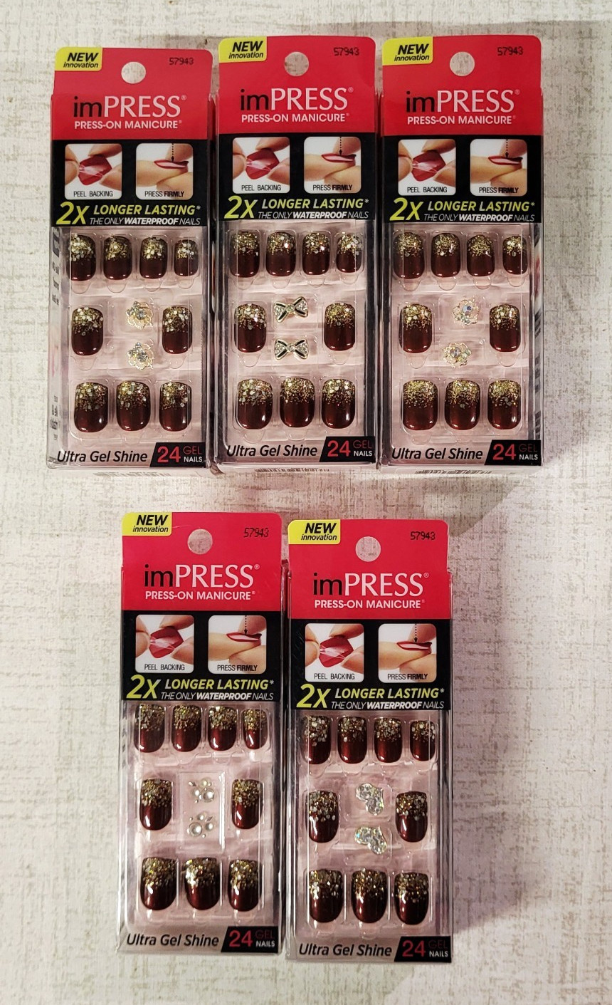 Kiss Impress Press-On 24 Nails NIGHT FEVER Burgundy Gold w/ Glitter Tips LOT/5