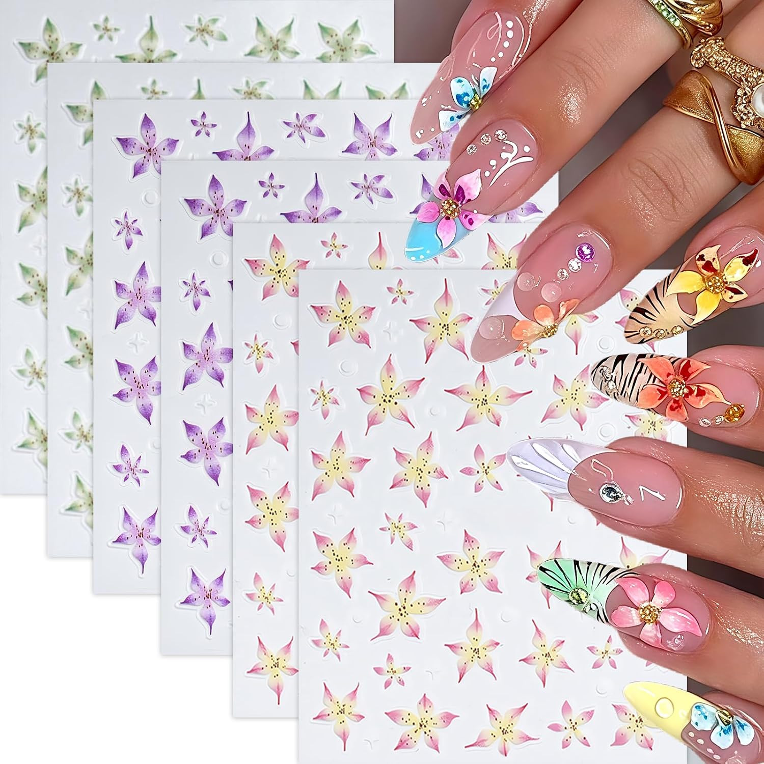 6 Pcs Flower Nail Art Stickers Decals 5D Lily Flower Embossed Nail Decals Purple