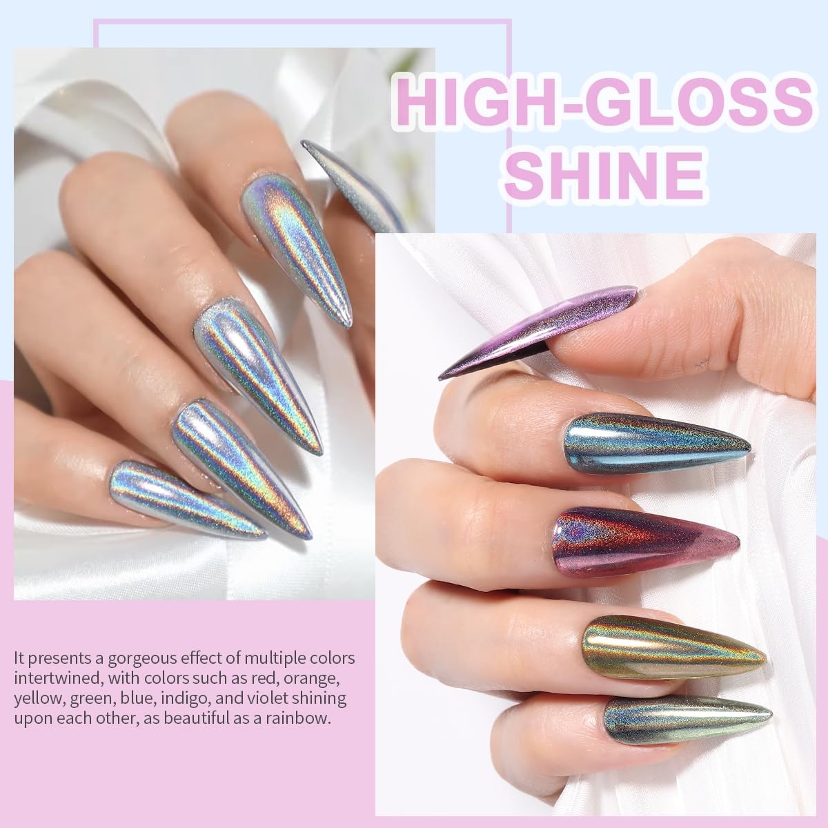 Furtherpretty Holographic Chrome Nail Powder, 10 Colors Metallic 10 colors