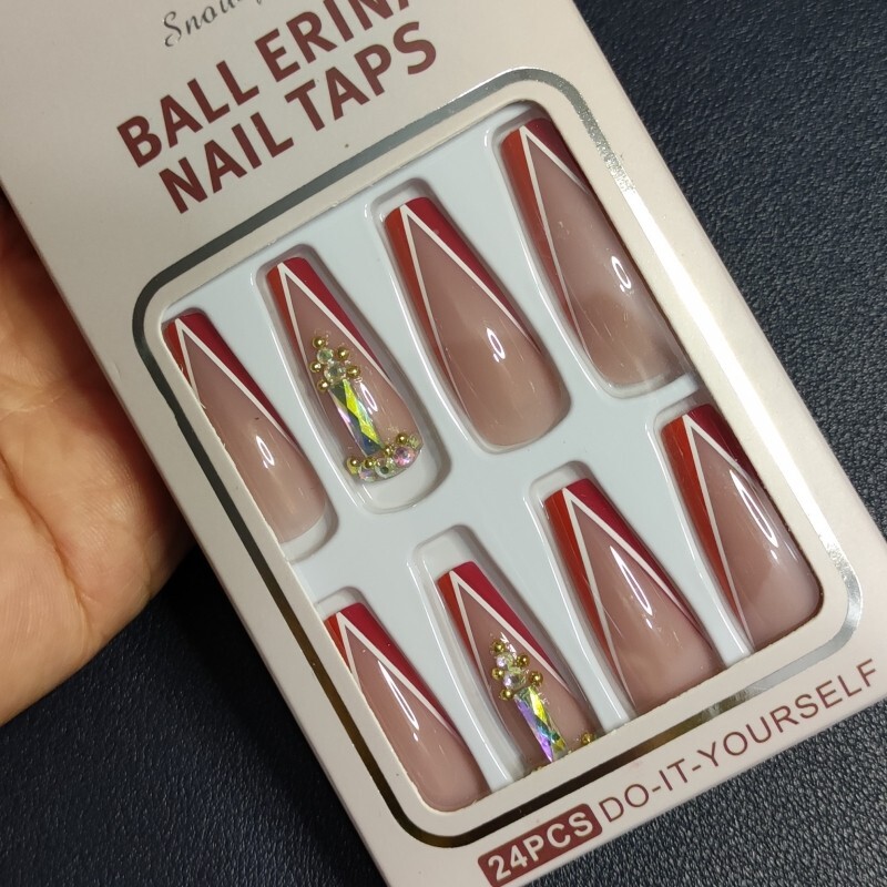 24pcs Red Classic French Press On Nails Jeweled Long Coffin False Nail Set