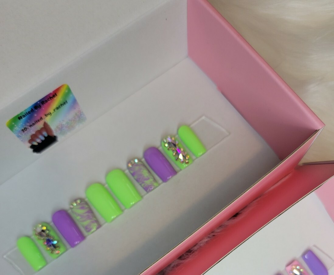 Green & purple marble bling press on nails square watercolor spring pastel nail