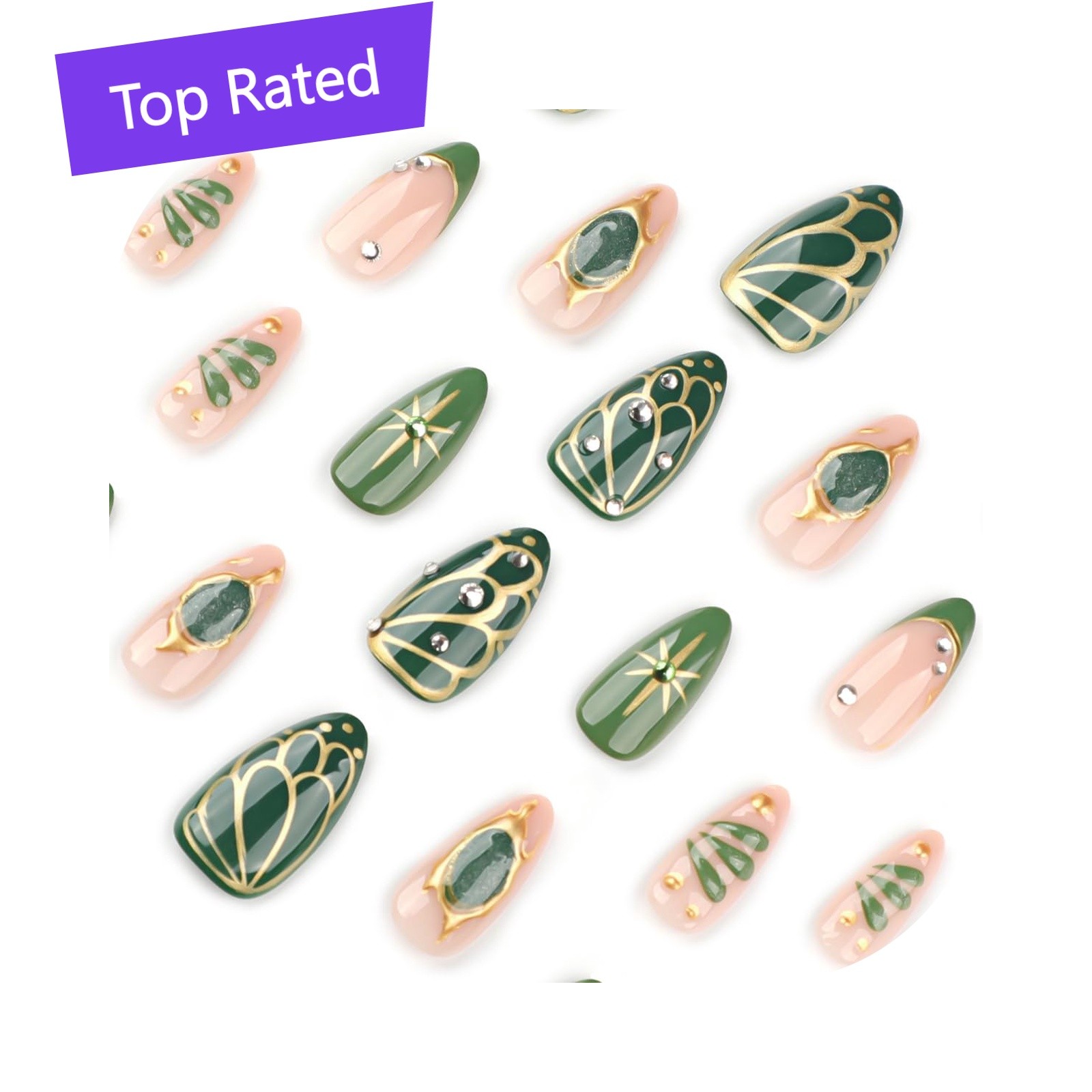 HPYFOI Short Almond Green Gold Press On Nails