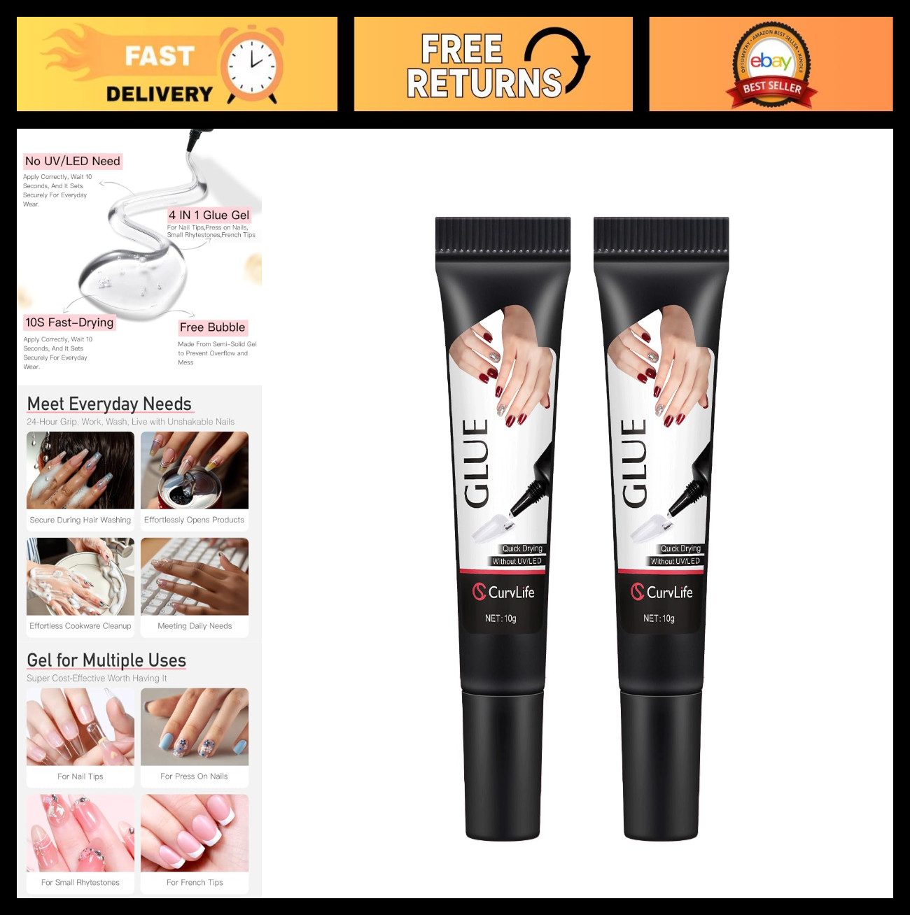 Super Strong 10g Semi Solid Nail Glue – 2pcs Soft Gel for Press-On Nails, No UV,