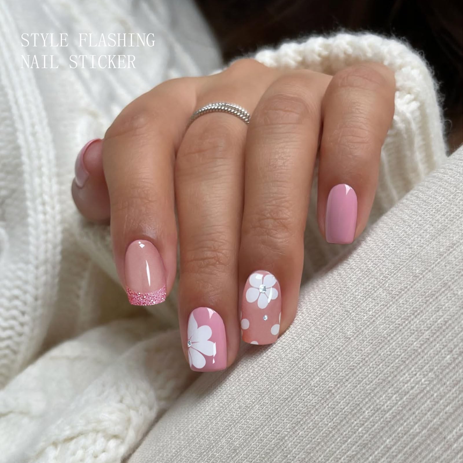 Gel Nail Stickers French Tip Pink White Flower Semi Cured Gel Nail Strips