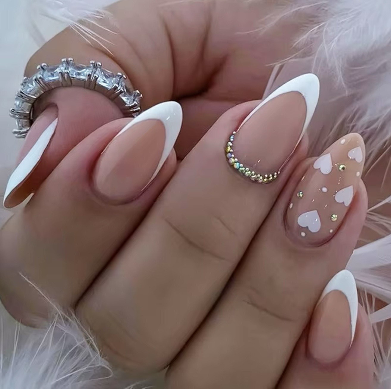 Nude/White French Tip Almond Medium Press-On Nails, Self-Adhesive Heart Design