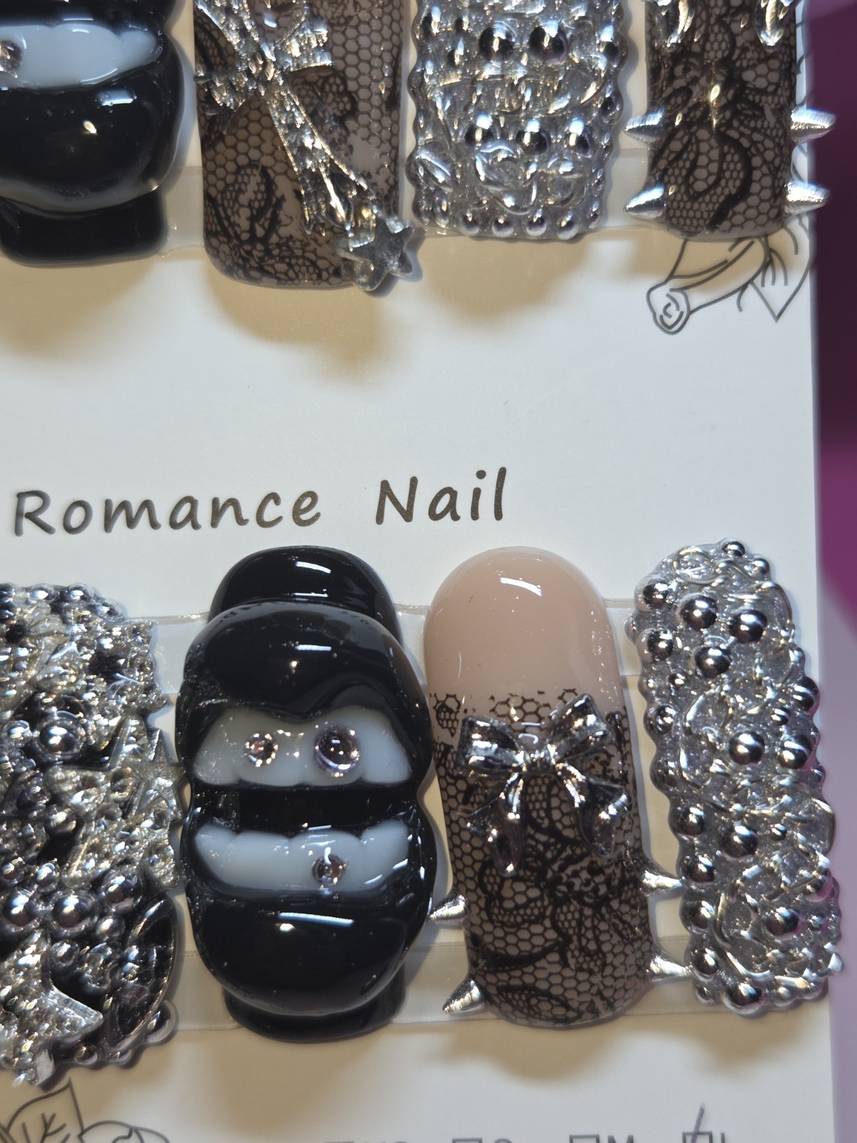 Press On Nails Handmade Medium Curvenail, black lace lips teeth cross necklace.