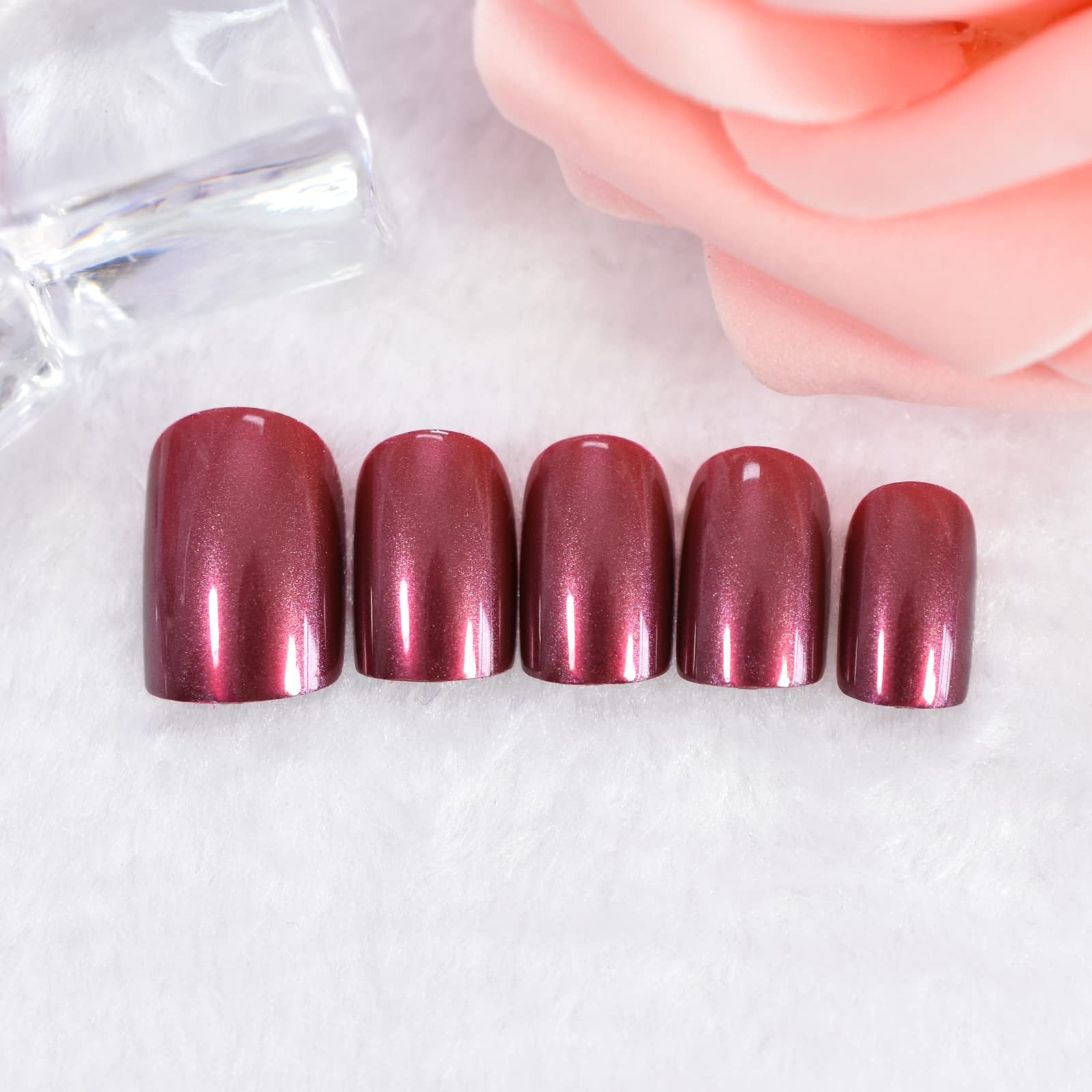 Shiny Pretty Red Glossy Press On Nails Short Squoval False Nails Women Girls …