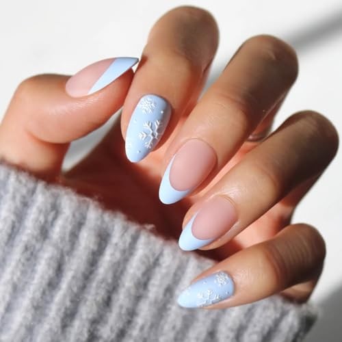 Snow Bunny Nails – Short Almond Fake Nails – Pale Blue with Decorative Trim