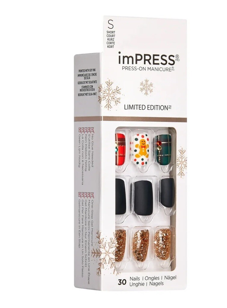 KISS imPRESS Press-On Manicure Short Matte Black Nails Gingerbread Plaid X1 NEW
