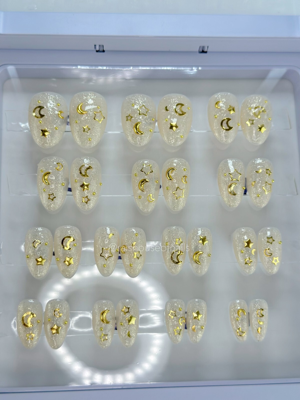 Handmade Press on Nails “Gold Galaxy” Almond Short 28 Nails All Sizes w Glue