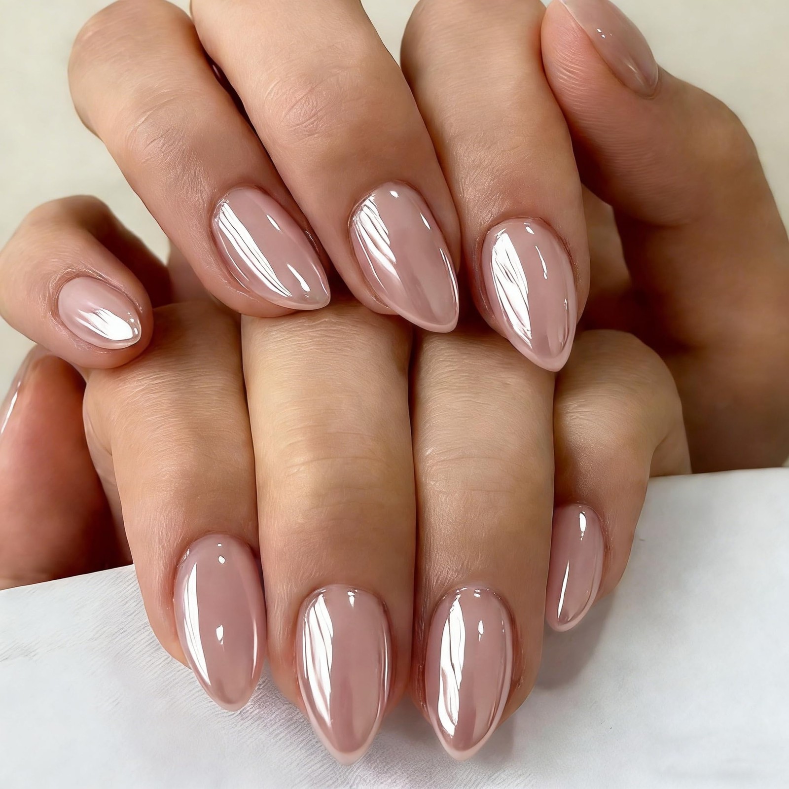 SXVME Chrome Nude Pink Almond Press On Nails
