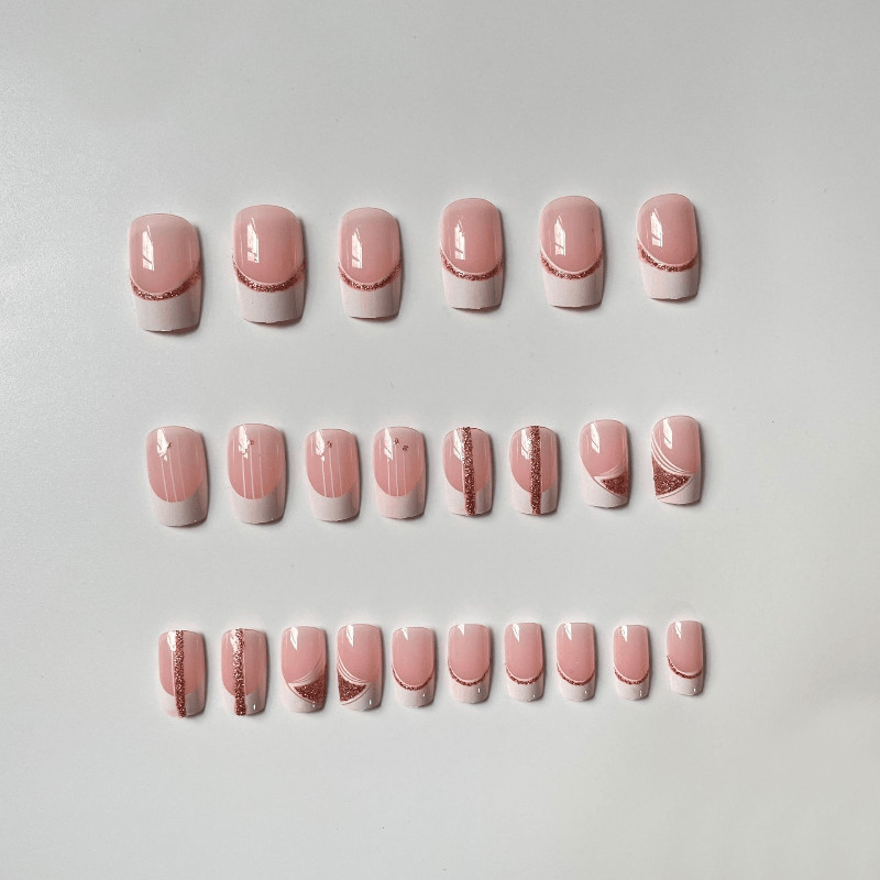 48Pcs-Elegant Nude Square French Rhinestone Rose Gold Glitter Press on Nails