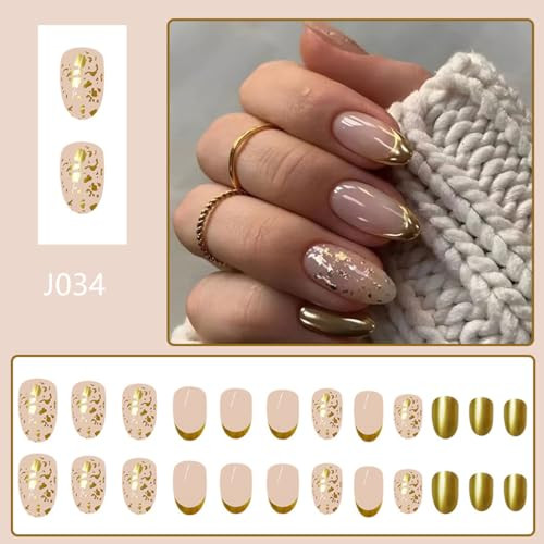Gold French Tip Press on Nails Short Almond Fake Nails Gold French Tip Nails-18
