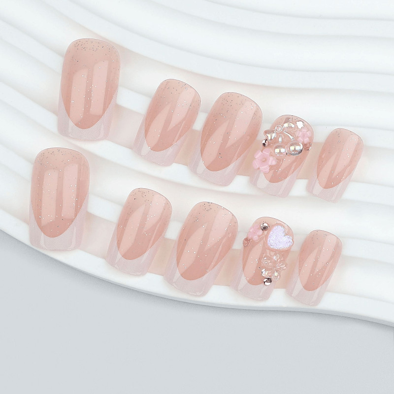 48pcs Short Square Press on Nails, Pink Glitter French 3D Flower Pearl Nails