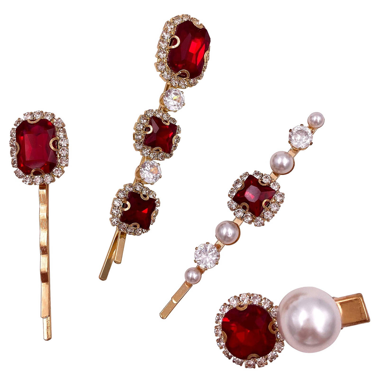 4PCS Vintage Ruby Red Crystal Pearl Gold Bobby 1 Count (Pack of 4), Rubby