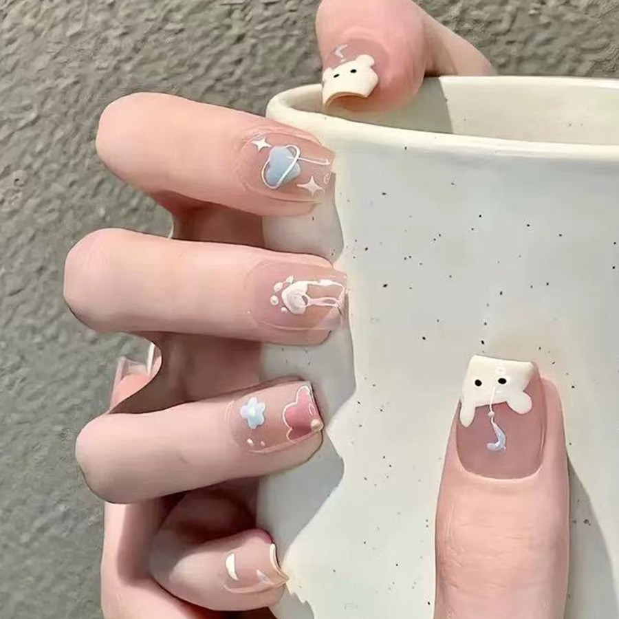 60Pcs Cute Bear Cartoon Press on Nails, Short Square Lovely Glossy Fake Nails