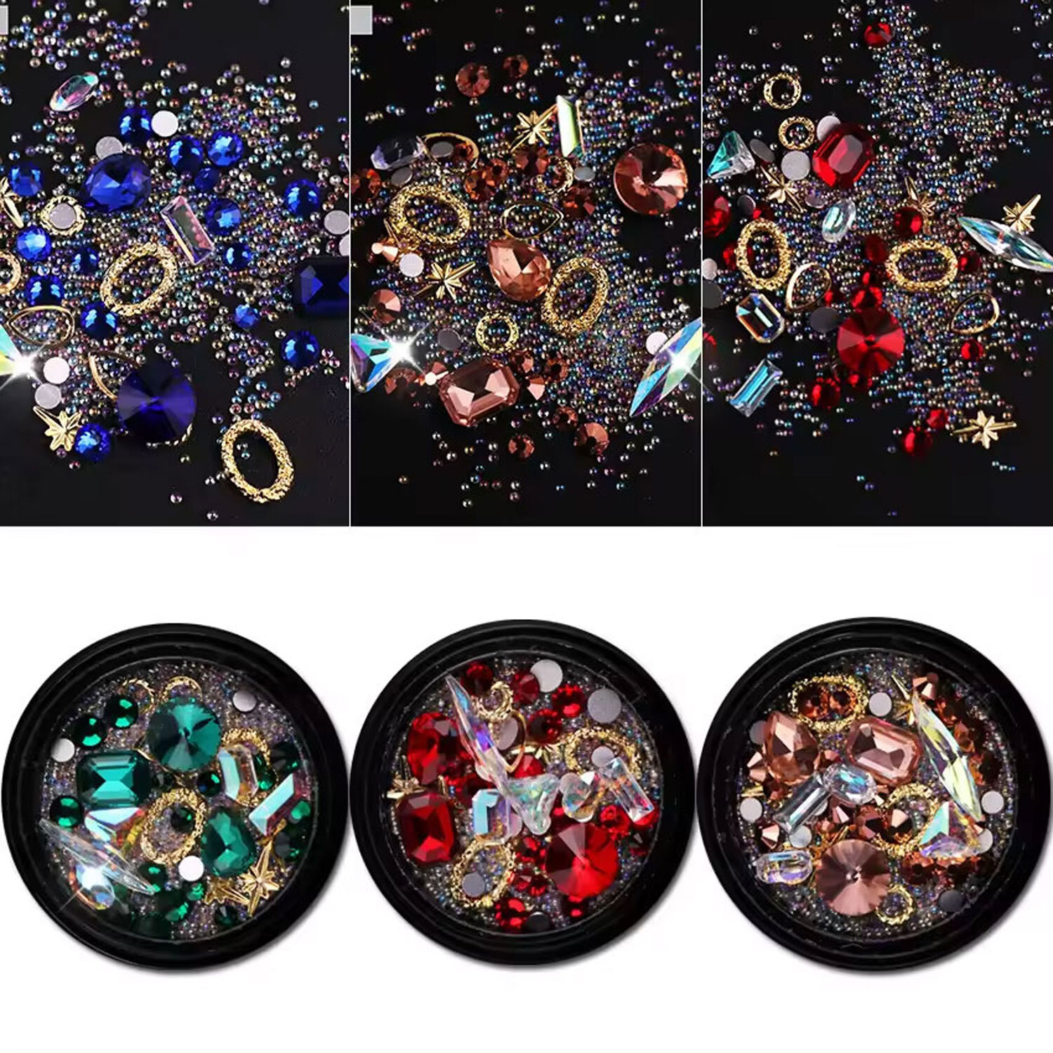 Rhinestones 3D Nail Art Decorations Jewelry Sparkle Beads + 72 PC Clear Gel Nail