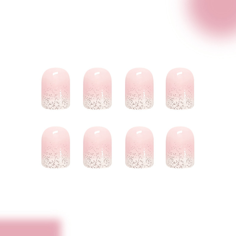 48Pcs Short Square Nails, Pink White Gradient Glitter, Nude Daily Manicure