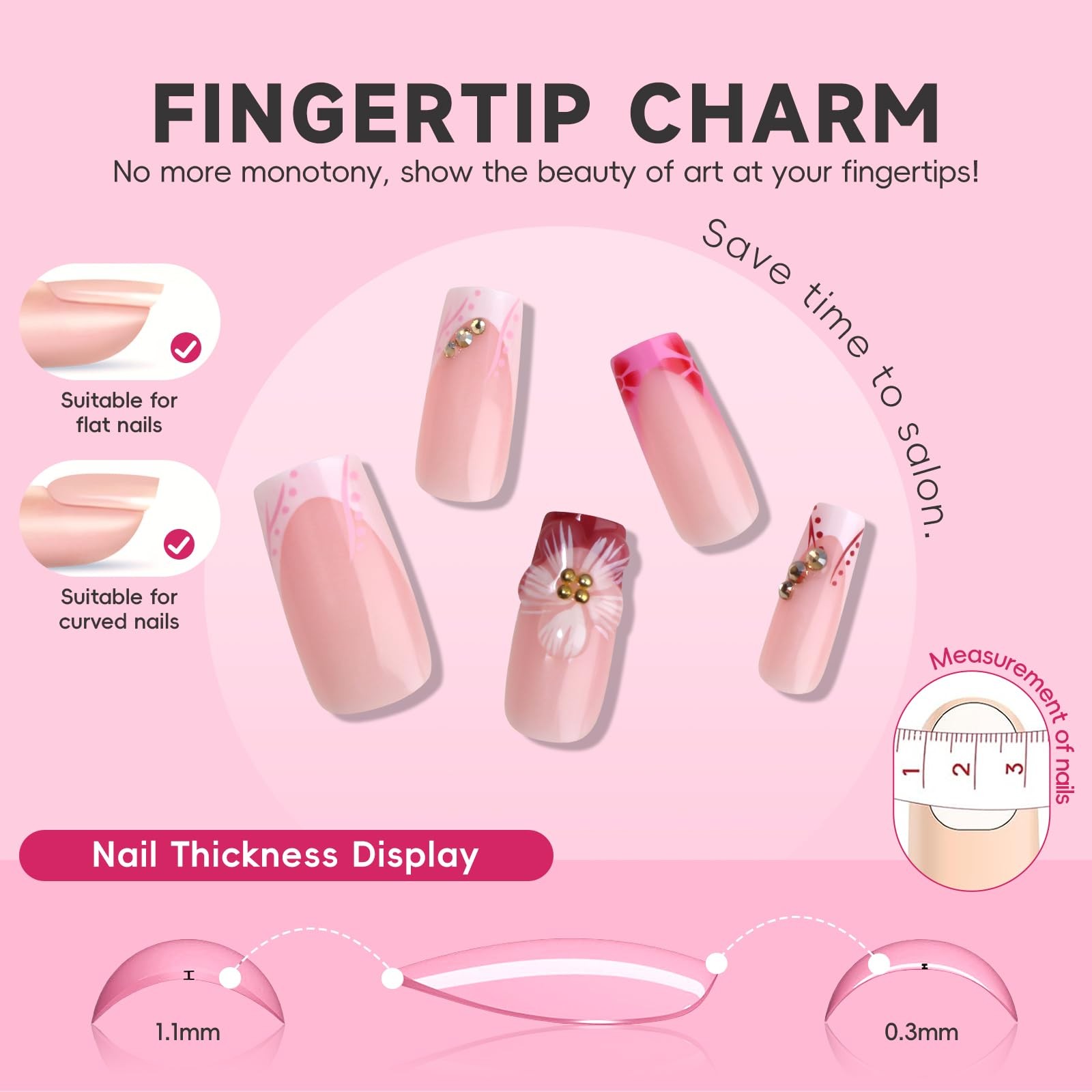 3D Sakura Pink Flower Press on Nails Medium Square, Bright Pink White Floral …