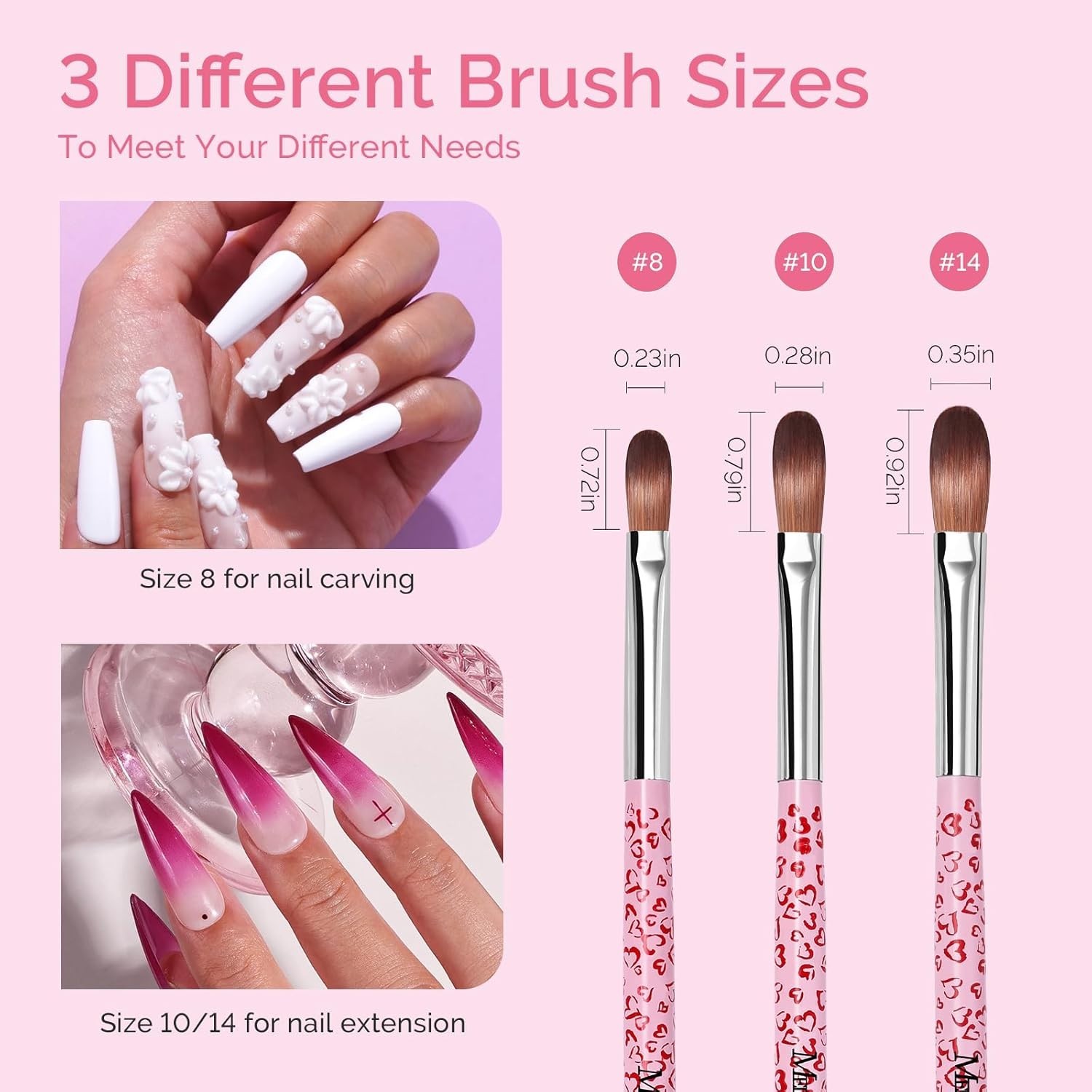 3-Piece Acrylic Nail Brush Set – Sizes 8/10/14, Professional Nail Art Tool for A