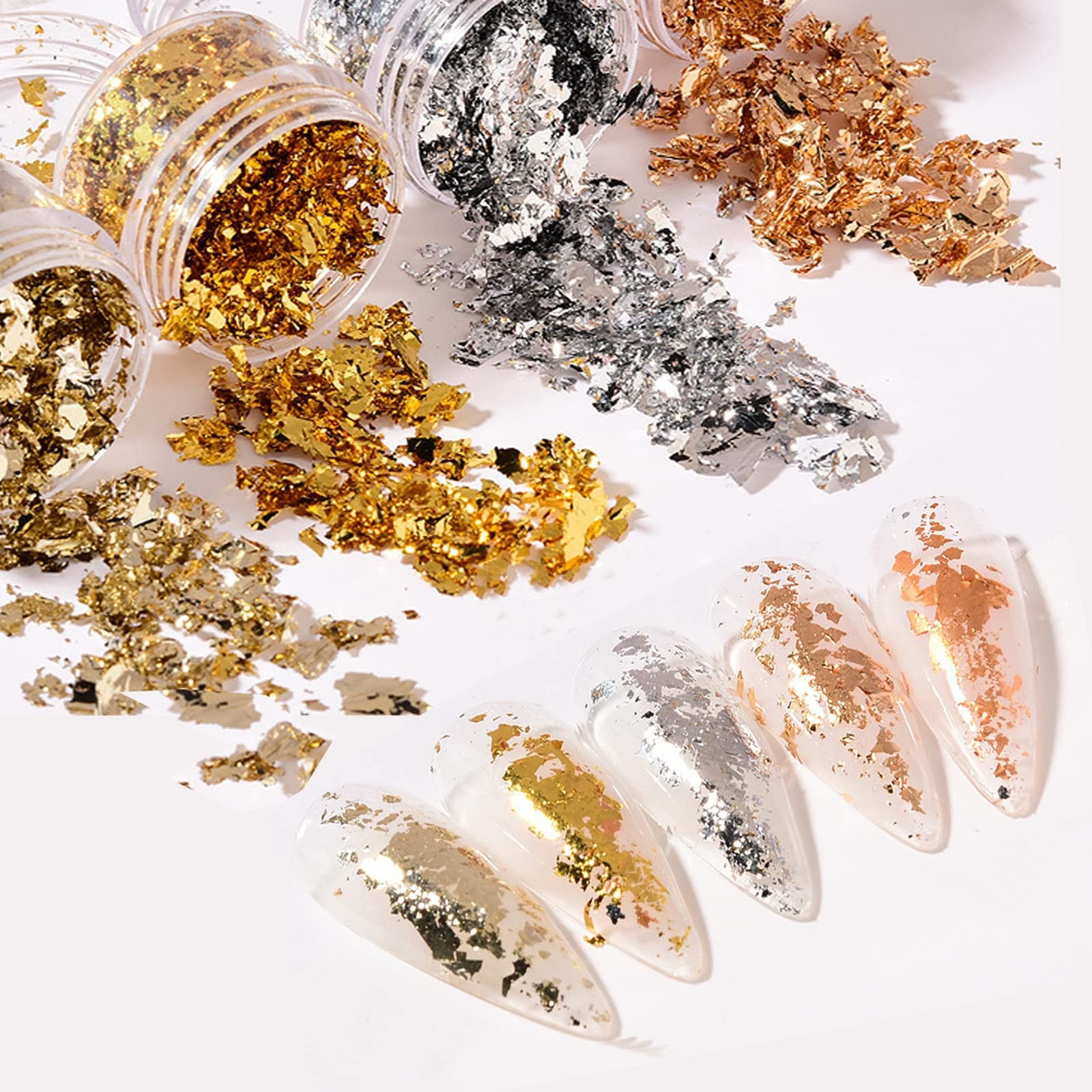 Nail Foil Flakes 4 Bottles Gold Foil Flakes Metallic Gold Foil Set for Nails,…