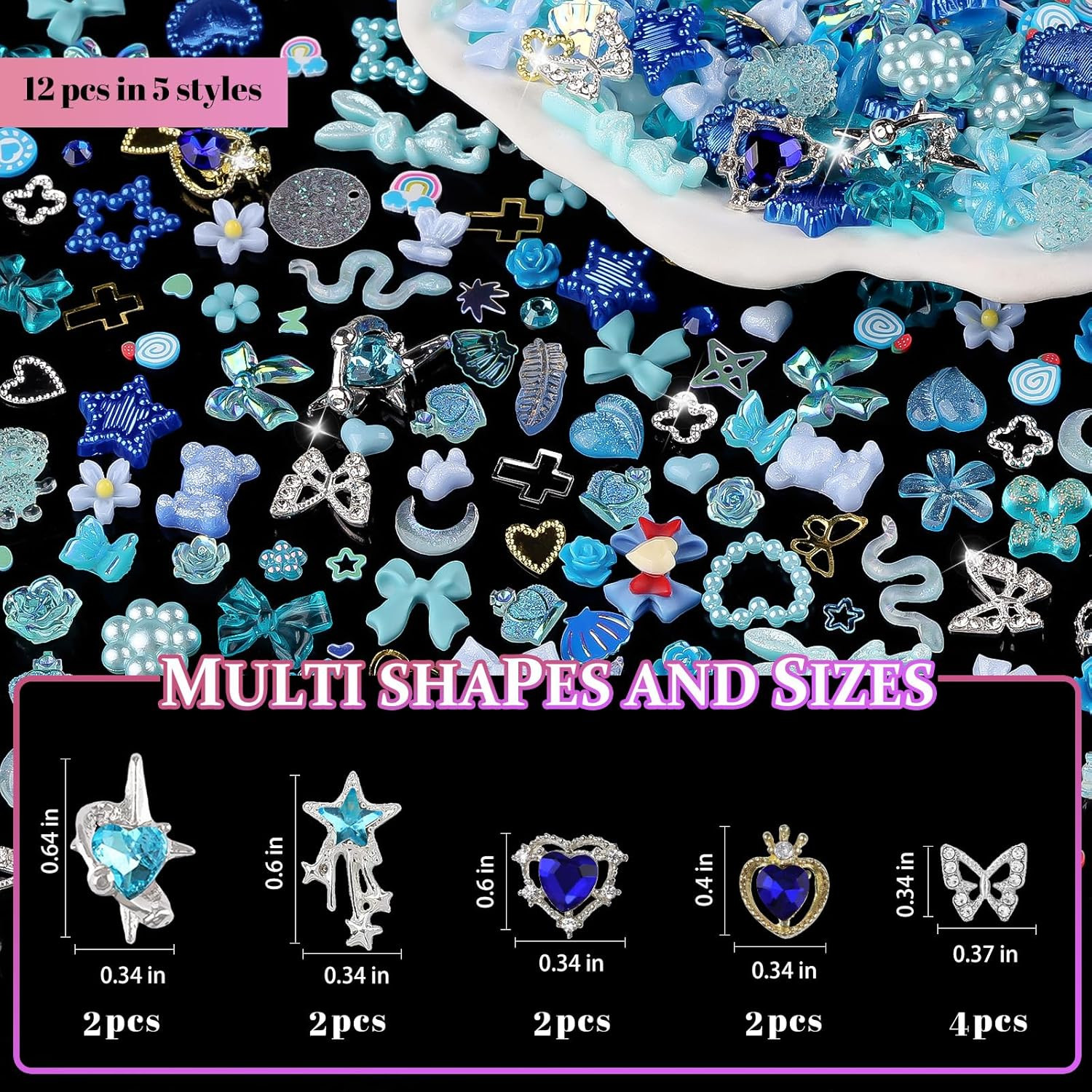 650Pcs 3D Nail Charms Set with Rhinestones, Pearls, and Metal Gems (Blue)