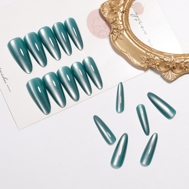 60Pcs Teal Chrome Press on Nails, Long Stiletto Mirror Glossy Fake Nails