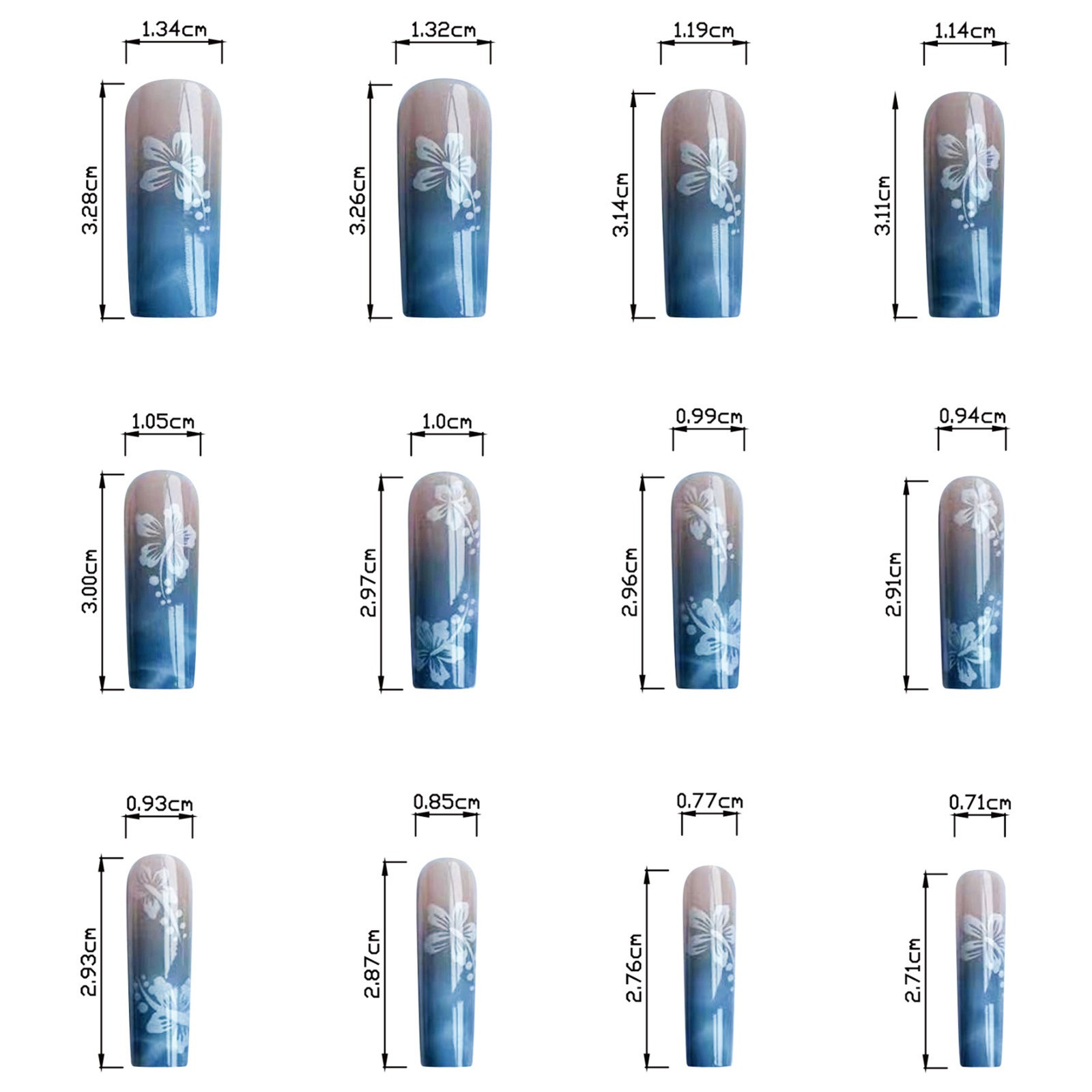 Press On Nails Blue Ombre Waves White Flower Removable Rectangle 10 Pcs
