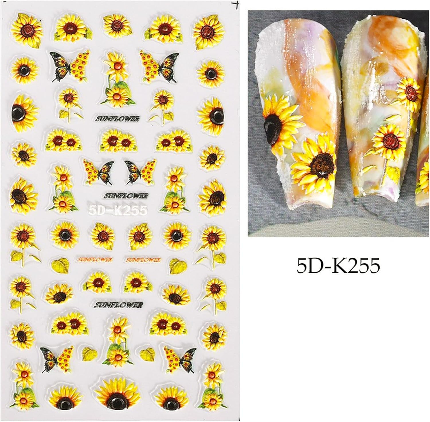 5D Embossed Sunflower Nail Art Stickers Self-Adhesive Flower Nail Decals Engrave