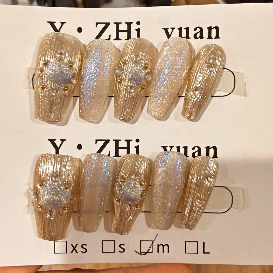 Y·ZHi yuan Press-On Nails Medium Coffin Gold/Silver Glitter Shiny Full Cover