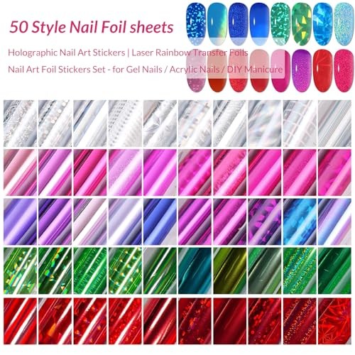 50 Sheets Holographic Nail Foil Transfer Stickers, Red Purple Green Color a
