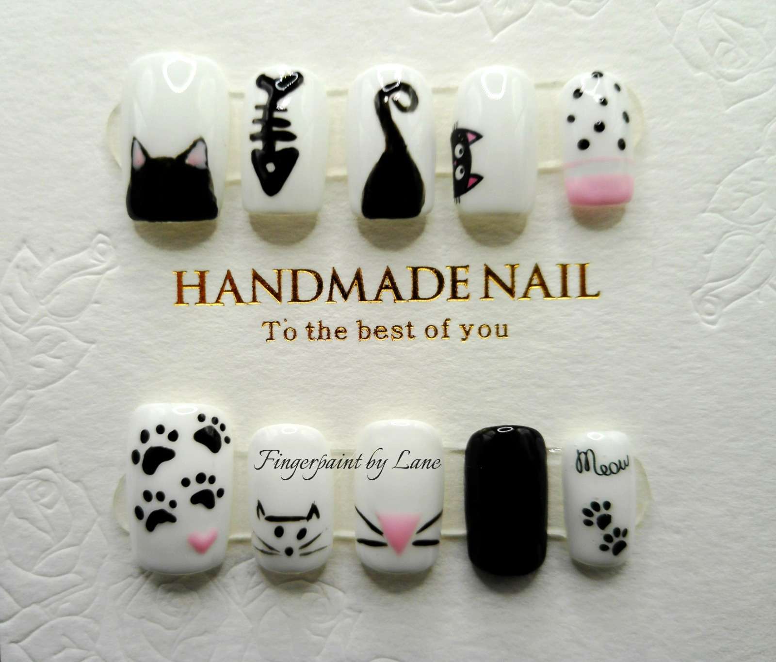 Short Square White Press On Nails with Black Cats – Medium
