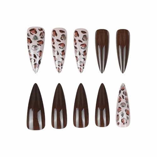 Press on Nails – Long Stiletto Fake Nails with Brown Leopard, 10522Brown