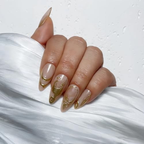 Luxury Long Almond Press on Nails – Nude Base with 3D Irregular Golden Nude