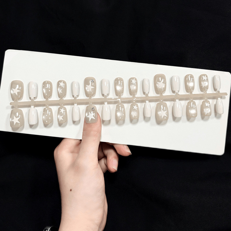 60Pcs-Medium Square Milky White Gradient White Star Polka Dot Press on Nails