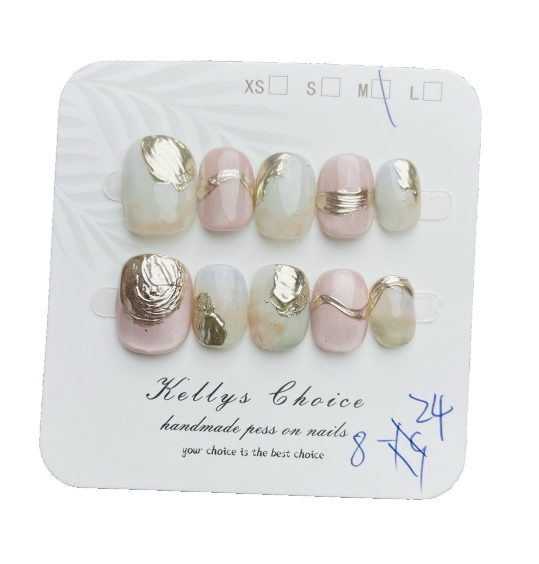 Premium Press On Nails Size MEDIUM, Super Short Length Oval Pink Gold Catseye