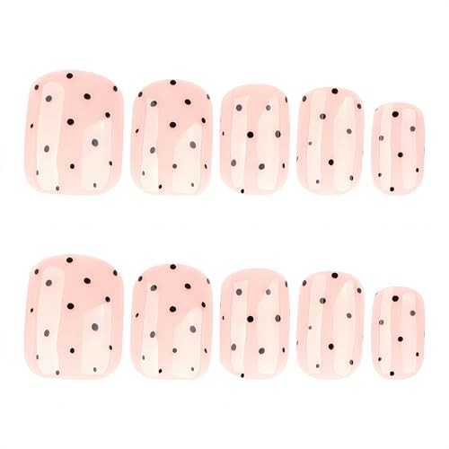 24Pcs Polka Dot Press on Nails Short Square Fake Nails Black Dot False dot