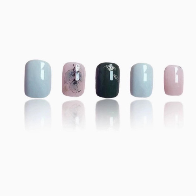 48pcs-Botanical Press on Nails, Short Square Sage Green with Gold Foil Accents