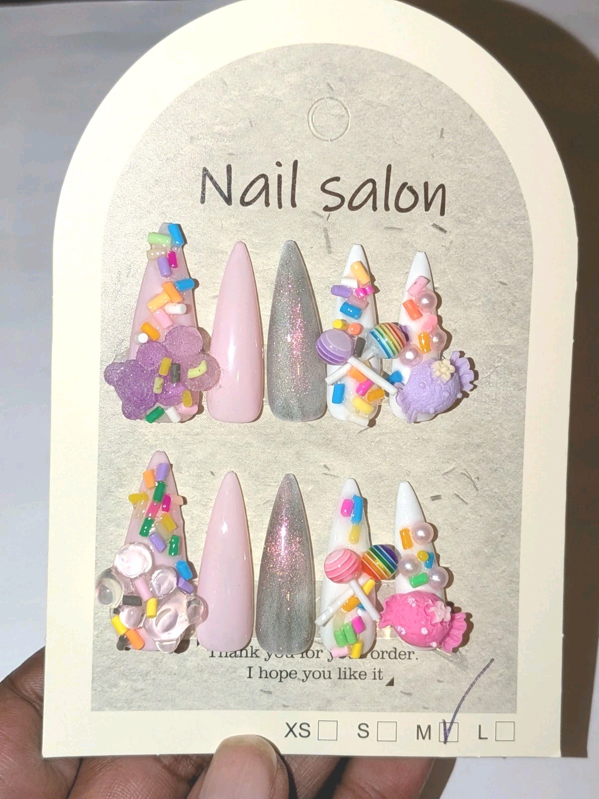 Hand Crafted Pink, White & Purple Stiletto Press-On Nails with Candy 3D Charms