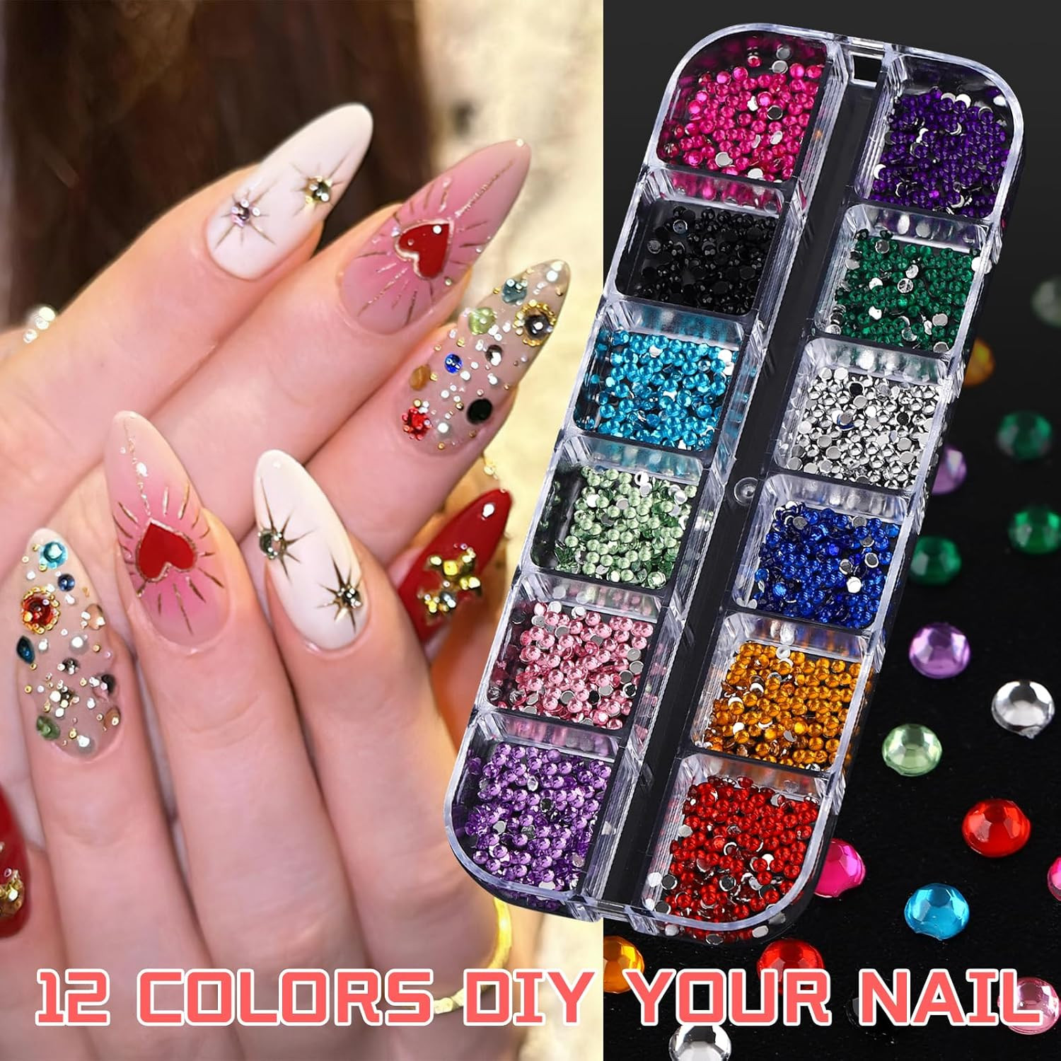6 Boxes Colorful Crystal Rhinestones Nail Gems Multi Shape Flat Back Charms 2Mm