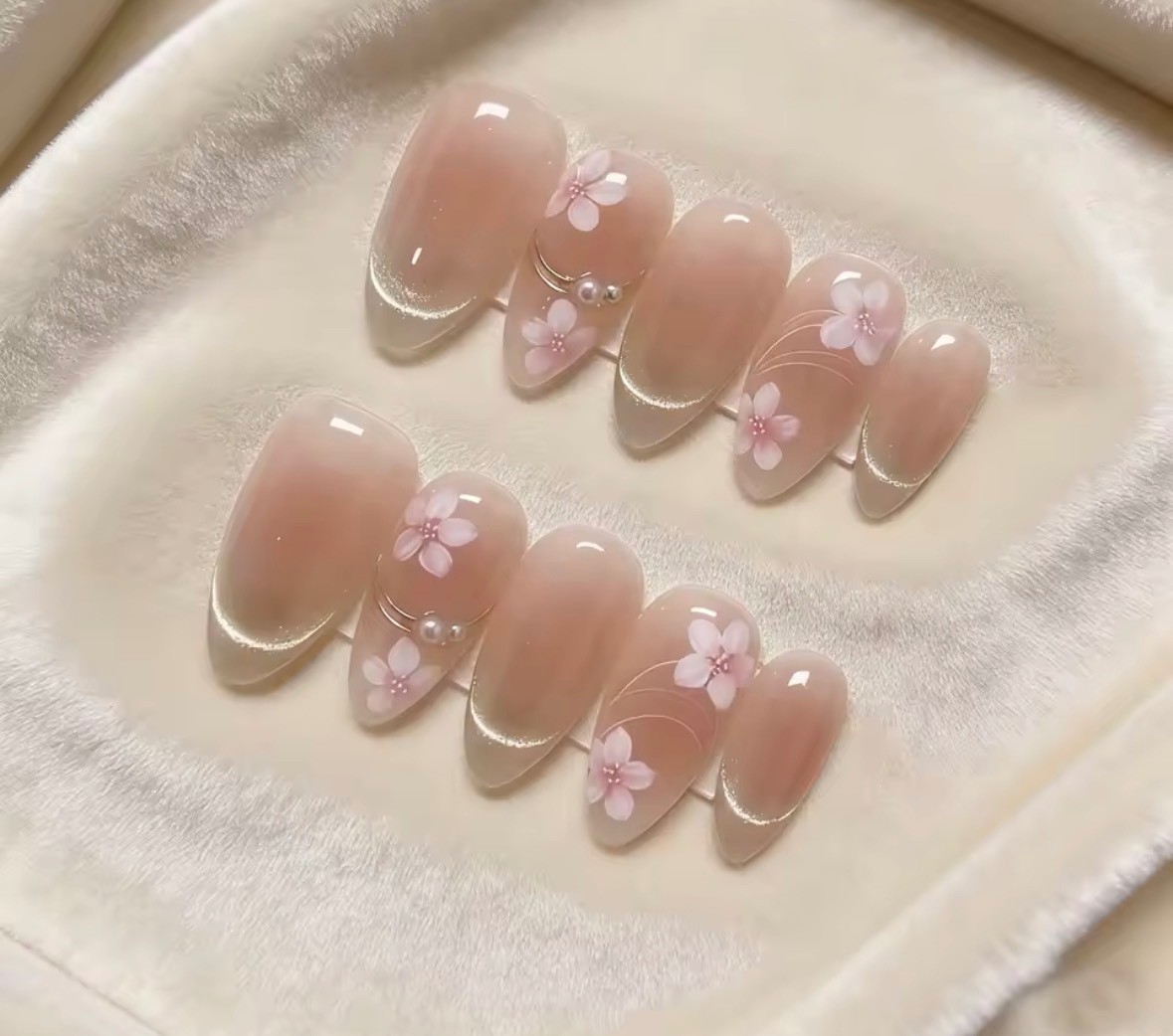 10PCS Sakura Cat Eye Floral Press On Nails Medium Long Oval Handmade Reusable