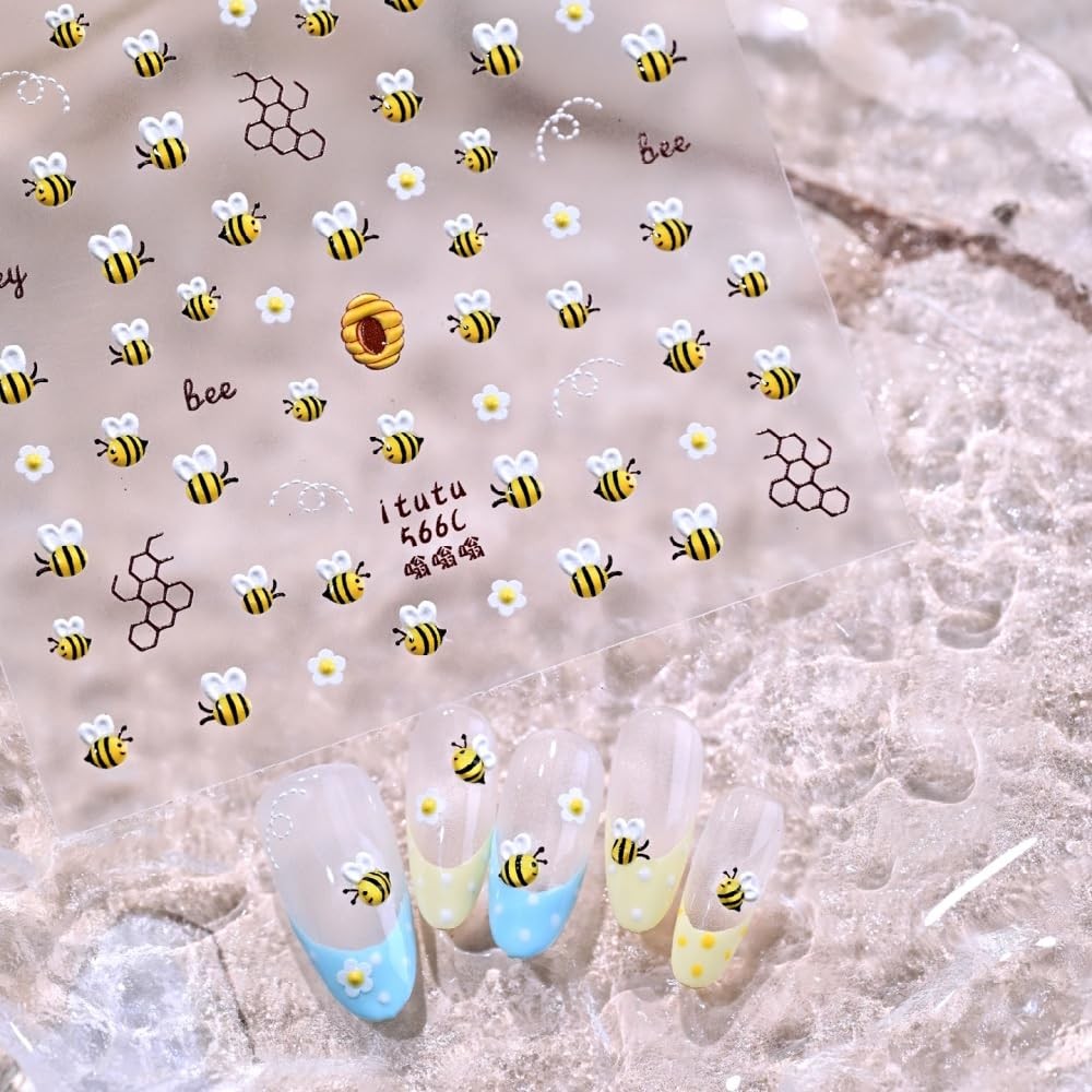 Flower Animal Prints Nail Stickers Cute Bees Nail Decals Floral Insect Nail D…