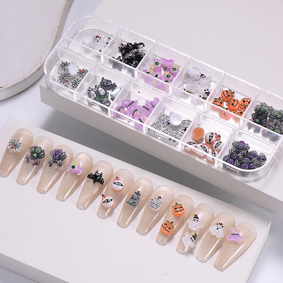 12 Grid Halloween Nail Charms Rhinestones Cute Spider Pumpkin Bat Resin Nail …