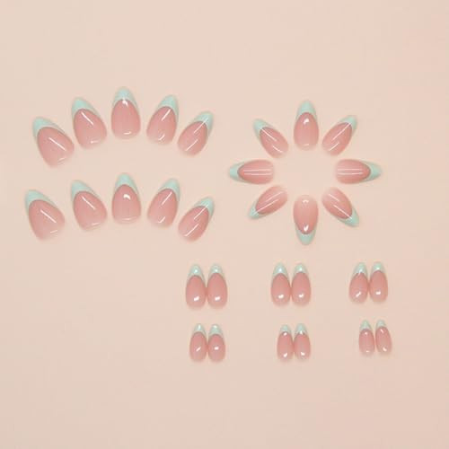 30Pcs Mint Green Press on Nails French Tip Fake Nails Short Almond Shape