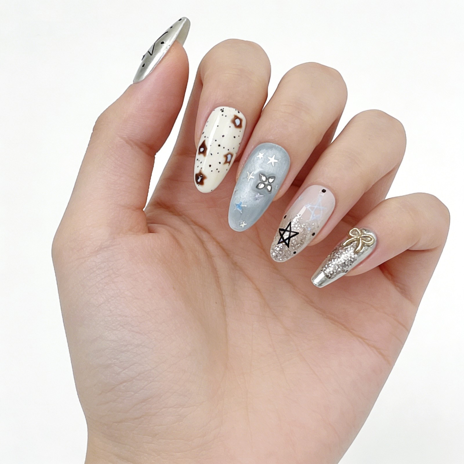 Galaxy Star Glitter Press-On Nails Mismatched Set Handmade Almond Nails Gift