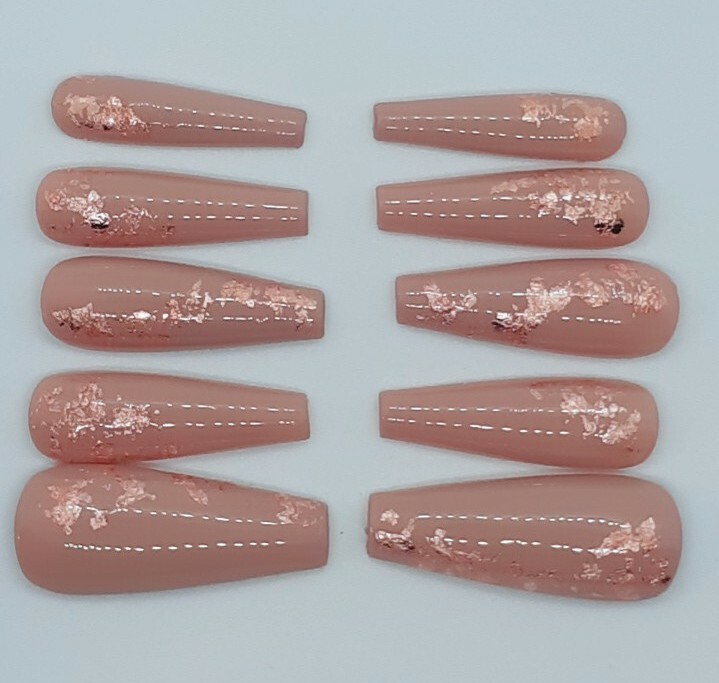 Nude Rose Gold Leaf Foil Luxury Natural Set Of 10 Press on Nails