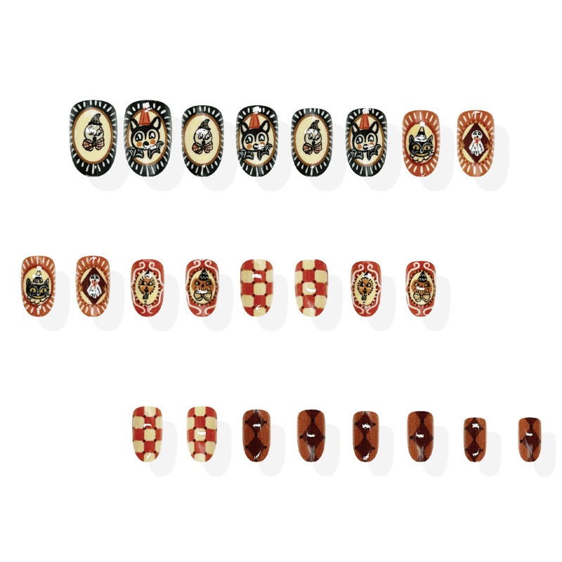 48 Pcs Pumpkin Cat Plaid Oval Press on Nails, Vintage Fall Holiday Fake Nails