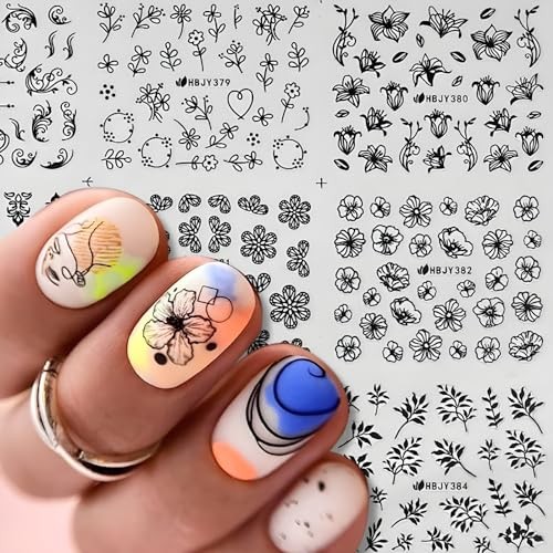 12 Sheets Black Nail Art Stickers 3D Self Adhesive Black Flower Nail Style 3