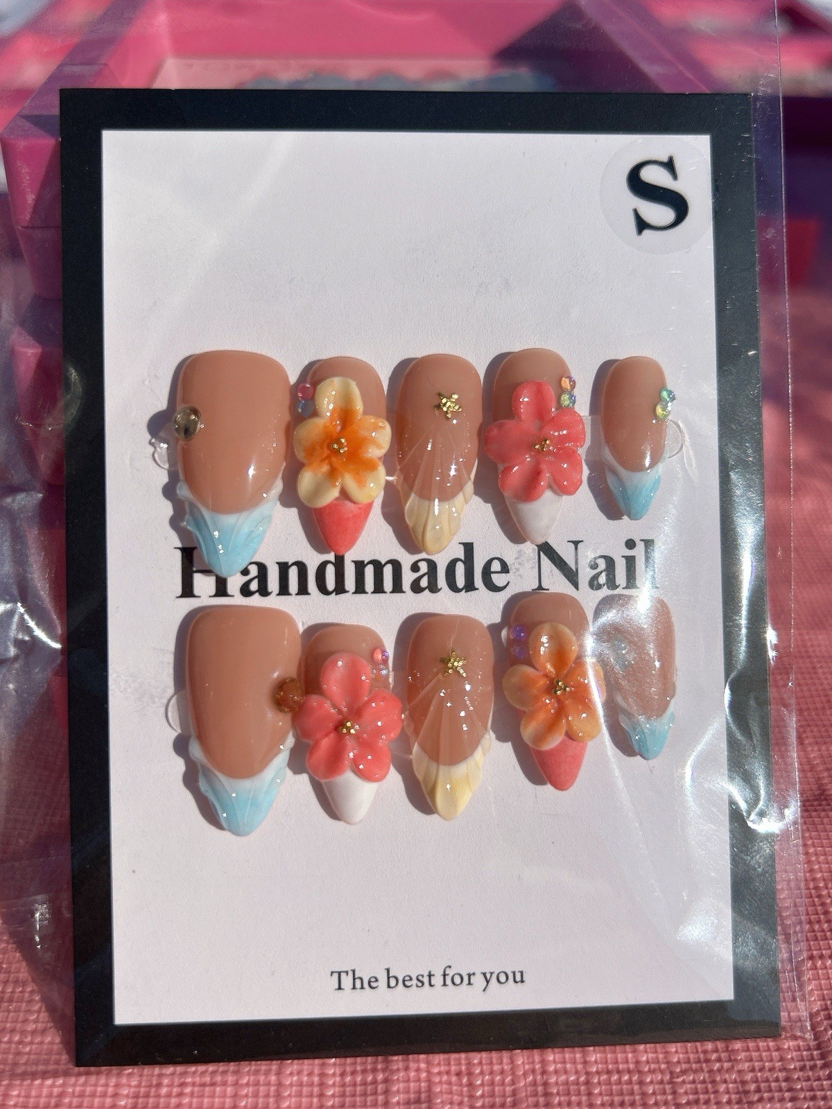 Handmade press on nails 3D flower american summer sizes small, medium or large.